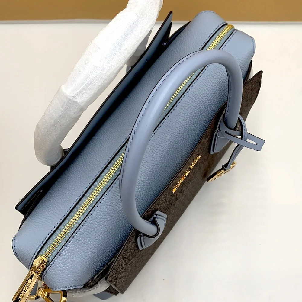 MICHAEL KORS MERCER MEDIUM TOP ZIP BELTED SATCHEL BROWN/ PALE BLUE SIGNATURE - Picture 9 of 16